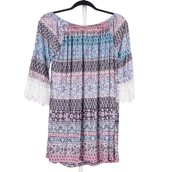 West Loop Peasant Blouse M Womens Long Lace Sleeves Floral Blue Pink Black - Picture 6 of 6